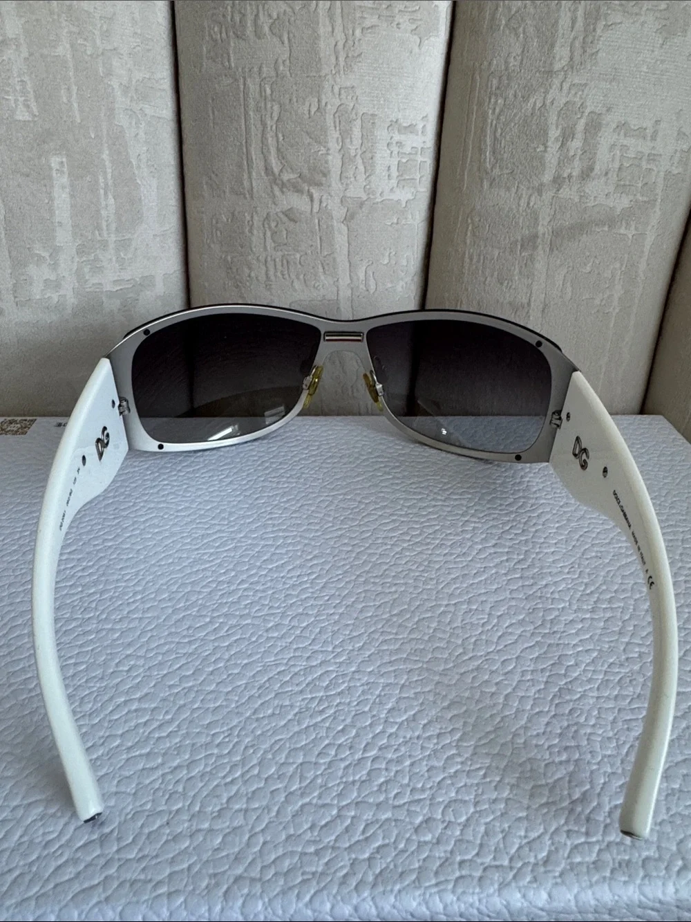 Dolce & Gabbana White Shield Sunglasses with Black Lenses and Tricolor Stripe
